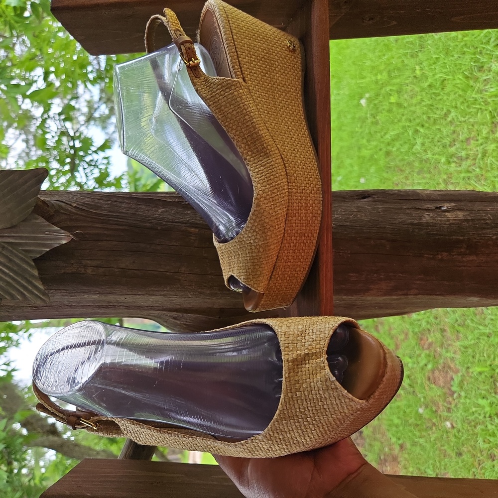 Tory Burch Rosalind Raffia Sling Back Wedge Size 9.5